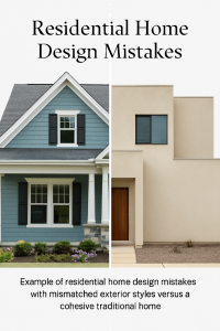 Example of residential home design mistakes with mismatched exterior styles versus a cohesive traditional home